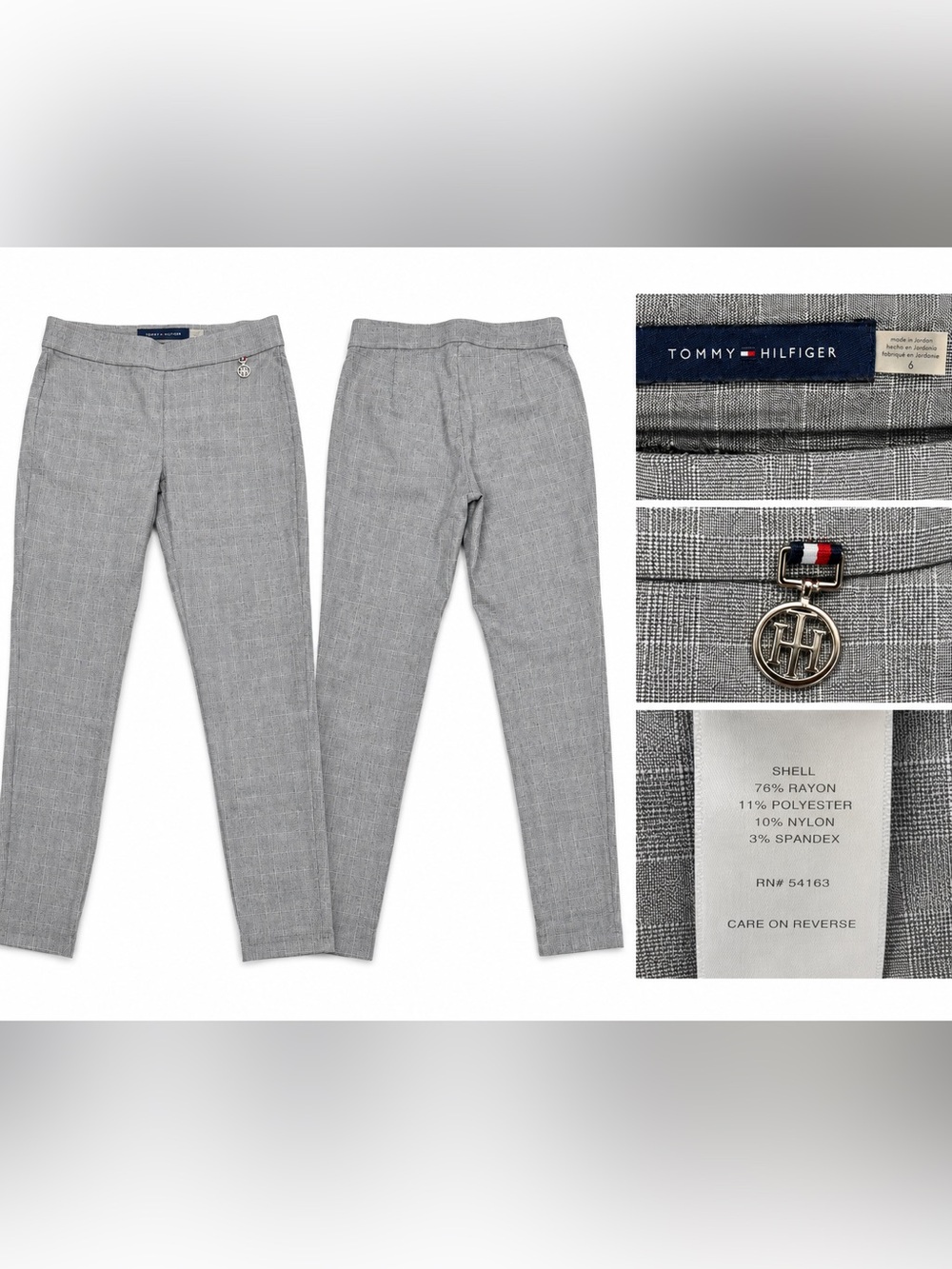 Tommy Hilfiger Women Gray Plaid Skinny Ankle Pants Size 6 Stretch Career Office